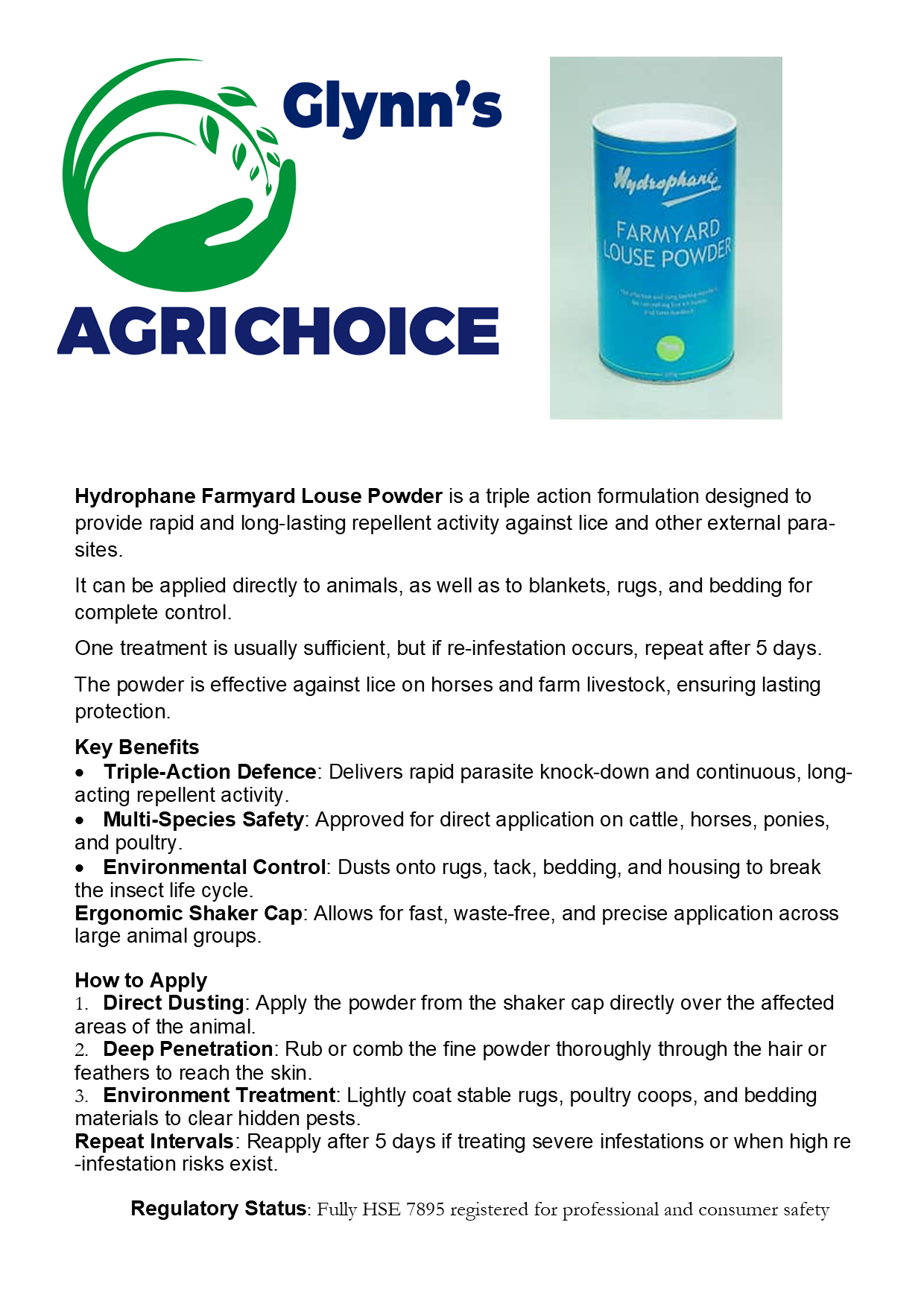 A product information sheet for Glynn's AGRICHoice Hydrophane Farmyard Louse Powder, featuring a blue cylindrical canister on a white background with green and black text and bullet points detailing usage and benefits.