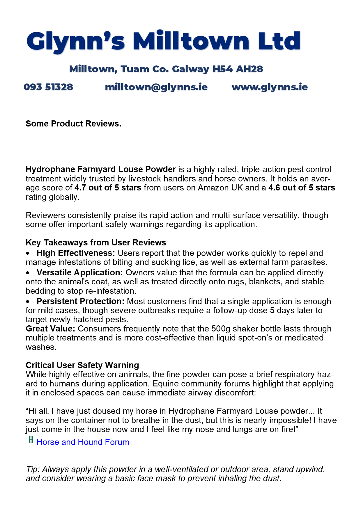 A text-heavy product information card for Glynn's Milltown Ltd. Hydrophobe Farmyard Louse Powder, showing the company name at the top, contact details, website, and a list of product reviews and key takeaways.